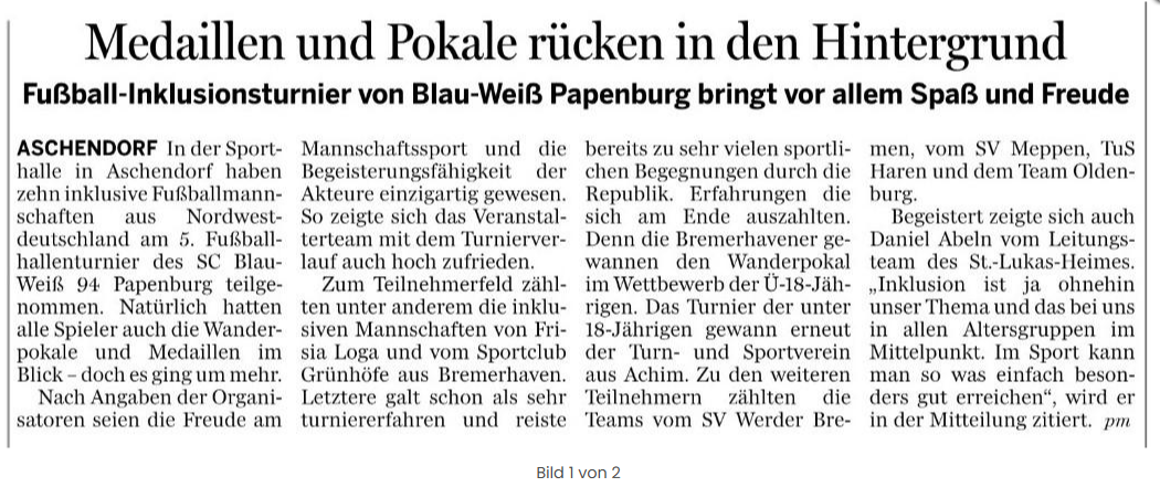 Zeitungsartikel über das Fußball-Inklusionsturnier des SC Blau-Weiß 94 Papenburg