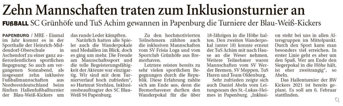 Weiterer Zeitungsartikel über das Inklusionsturnier der Blau-Weiß Kickers